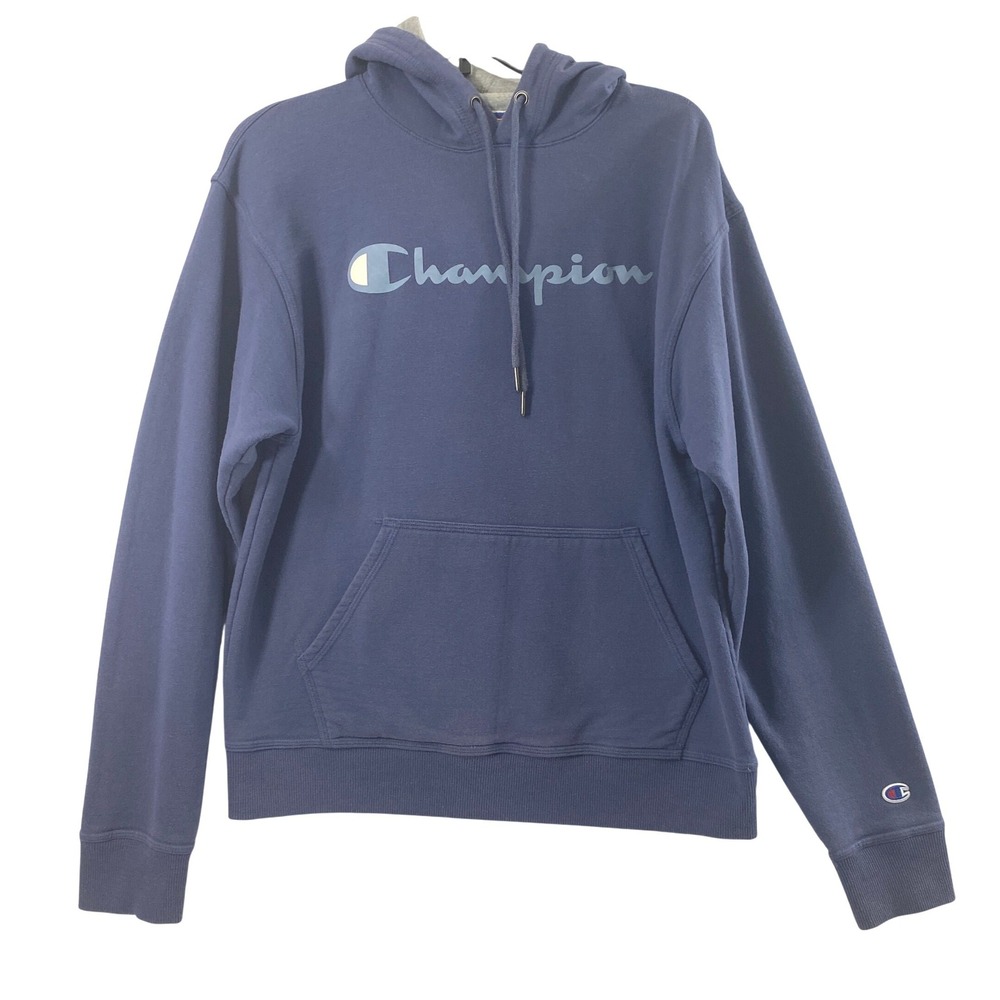Champion Hoodie Mens Medium Blue Script Logo Pullover Sweatshirt Athletic Casual